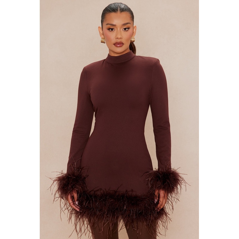 Cora Feathered Turtle Neck Mini Dress – Chocolate