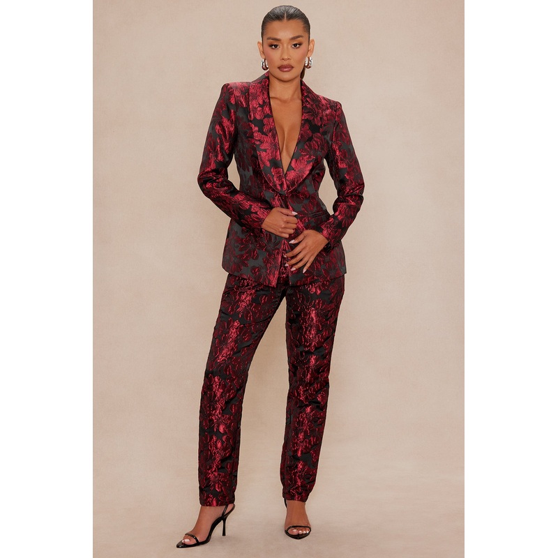 Crimson Touch Jacquard Blazer Pant Set – Red/Black