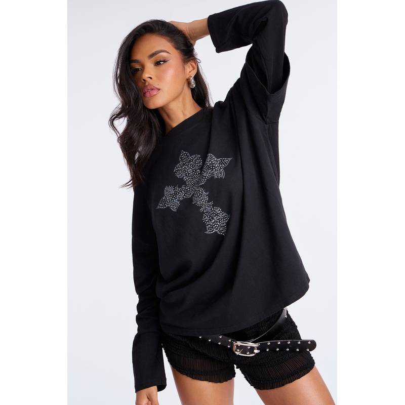 Cross My Heart Rhinestone Long Sleeve Tee – Black