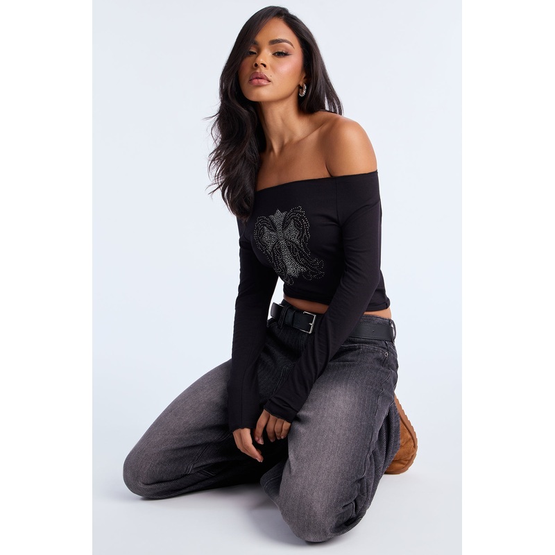 Crystal Cross Rhinestone Off Shoulder Top – Black
