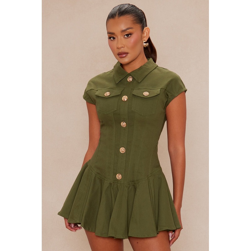 Dakota Pleated Denim Mini Dress – Olive