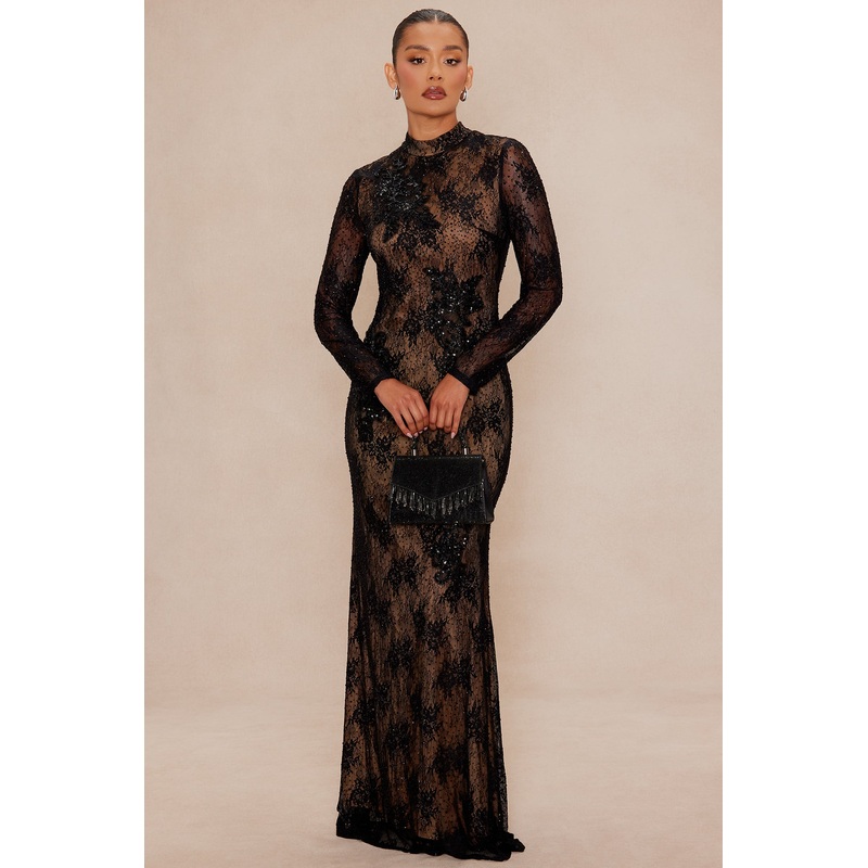 Dark Romance Embellished Lace Maxi Dress – Black