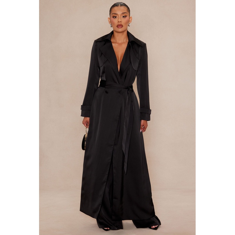 Gabriella Satin Trench Coat And Pant Set – Black