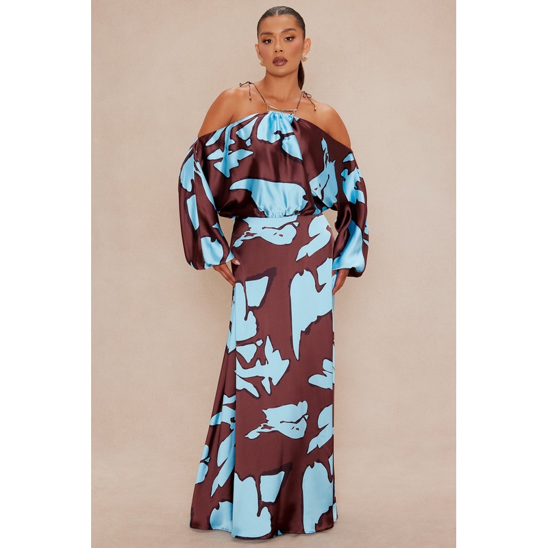 Vikki Satin Maxi Dress – Brown/combo