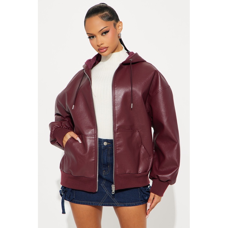 Alix Faux Leather Oversized Bomber Jacket – Burgundy