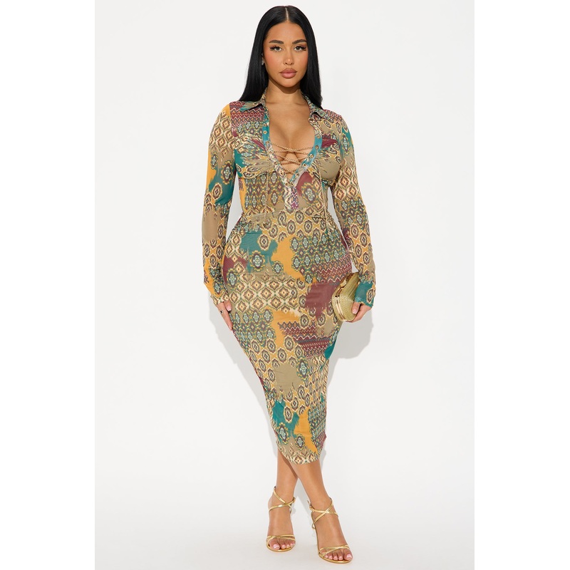 Amira Lace Up Mesh Midi Dress – Brown/combo