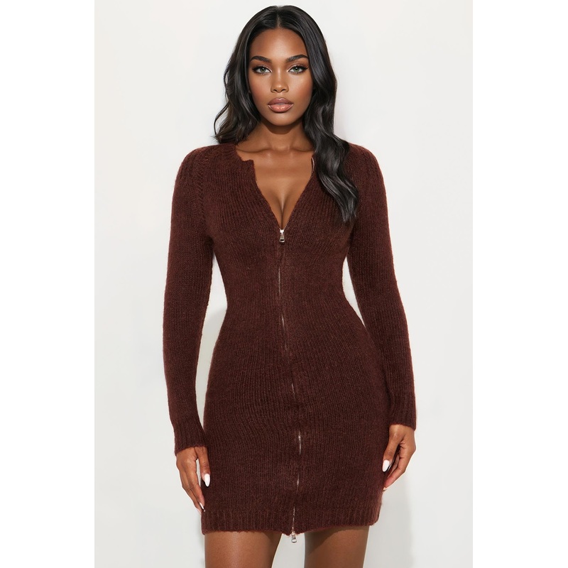 Zakia Zip Front Sweater Mini Dress – Brown
