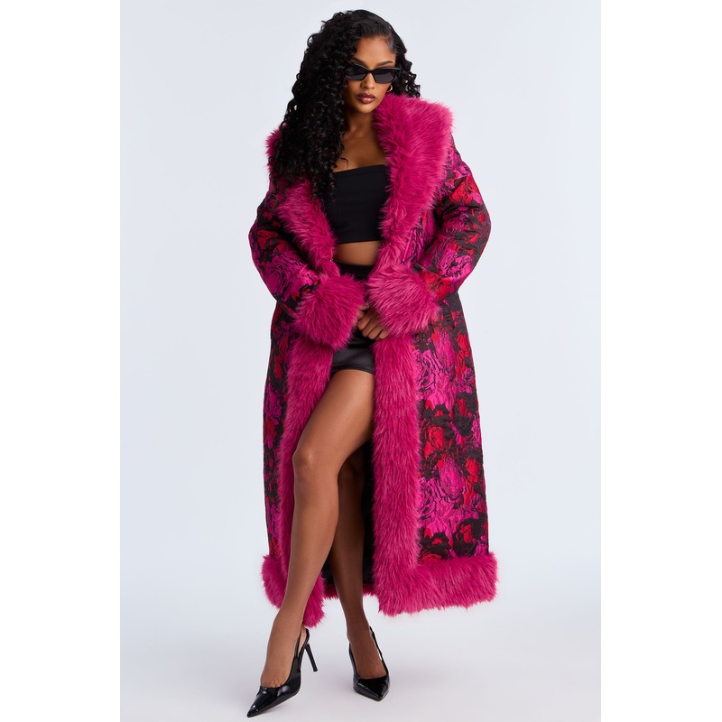Becoming Richer Jacquard Fur Trim Coat – Magenta