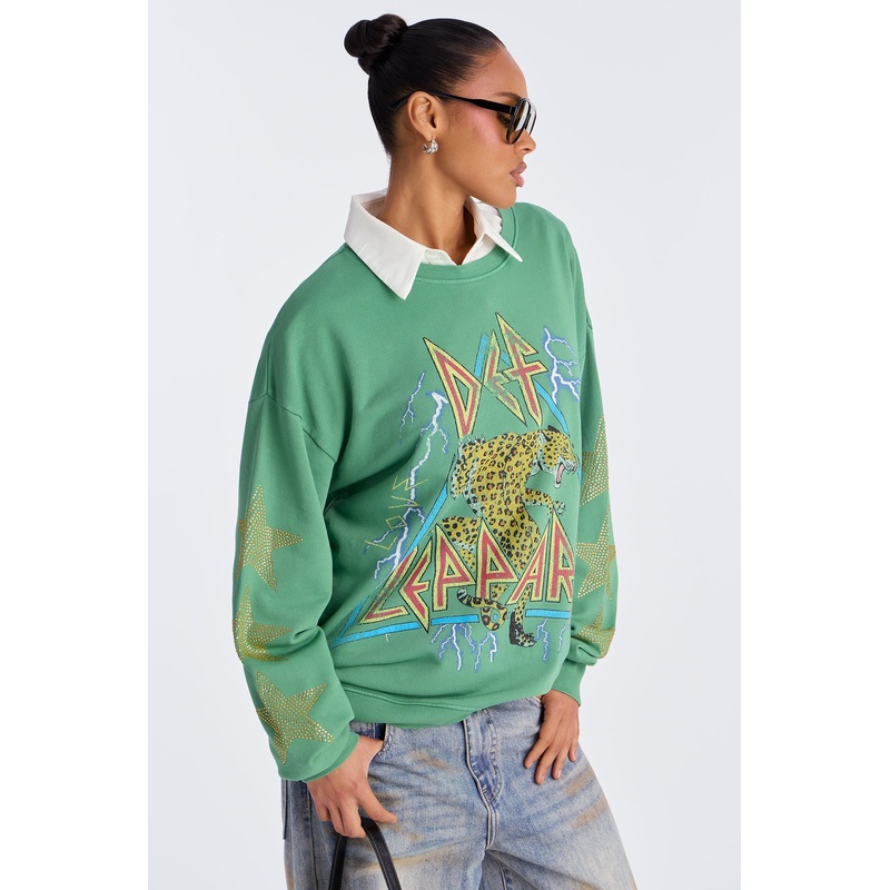 Def Leppard Washed Rhinestone Sweatshirt – Green
