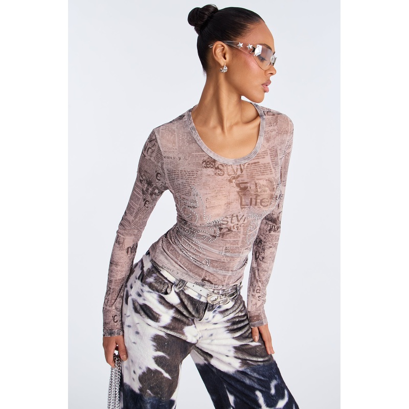 Front Page Mesh Rhinestone Top – Grey/combo