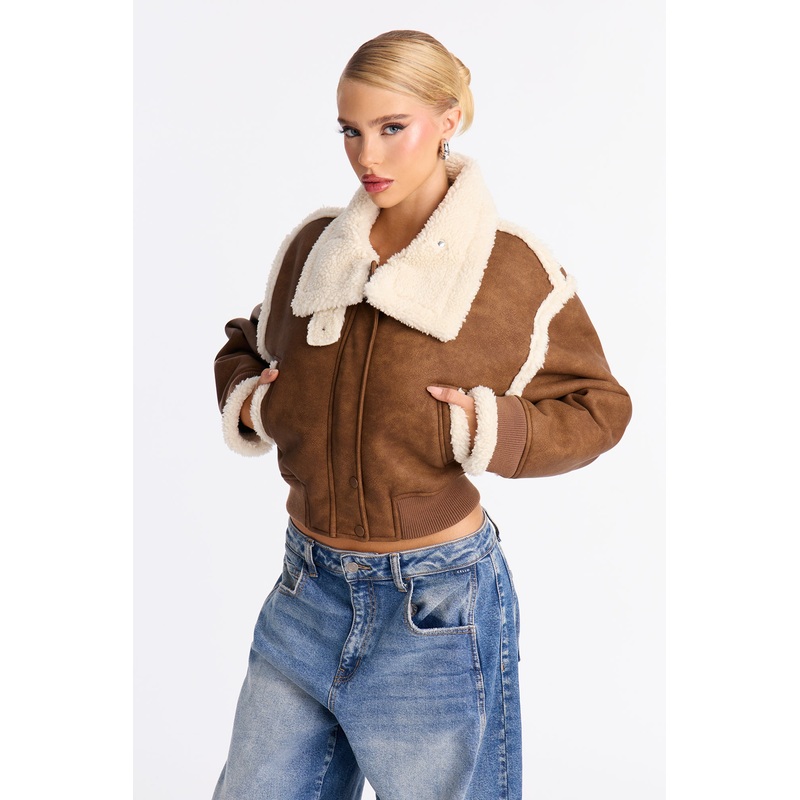 Aria Faux Leather Shearling Jacket – Brown/combo