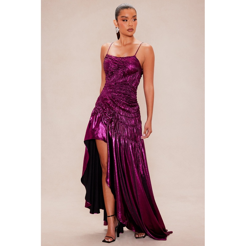 Ariella Ruched Satin Maxi Dress – Plum