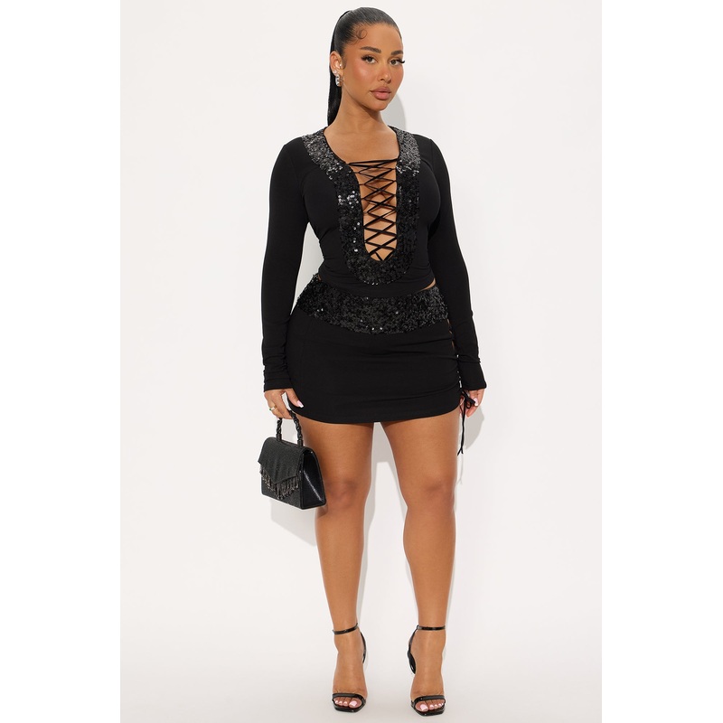 Backstage Pass Lace Up Mini Skirt Set – Black