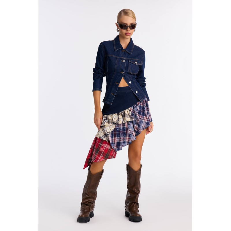 Caught Up Denim Tiered Plaid Midi Skirt – Multi Color