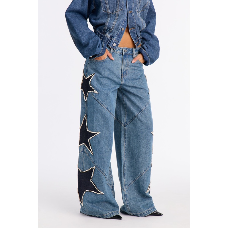 City Of Stars Embellished Wide Leg Jeans – Vintage Wash