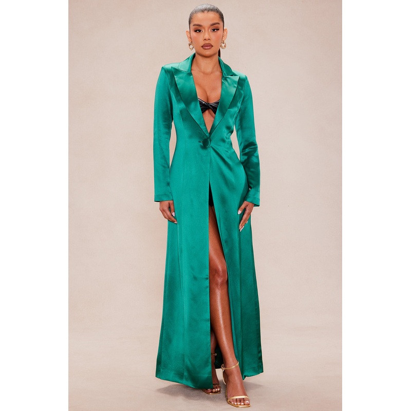 Deana Satin Maxi Blazer – Hunter