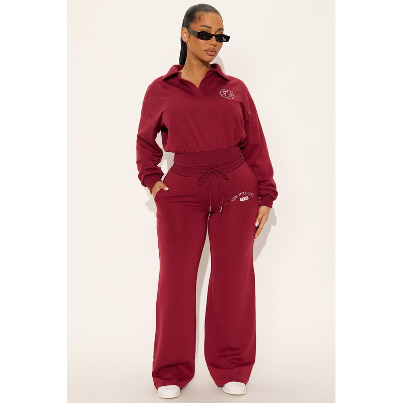 Uptown Ease Fleece Pant Set – Burgundy