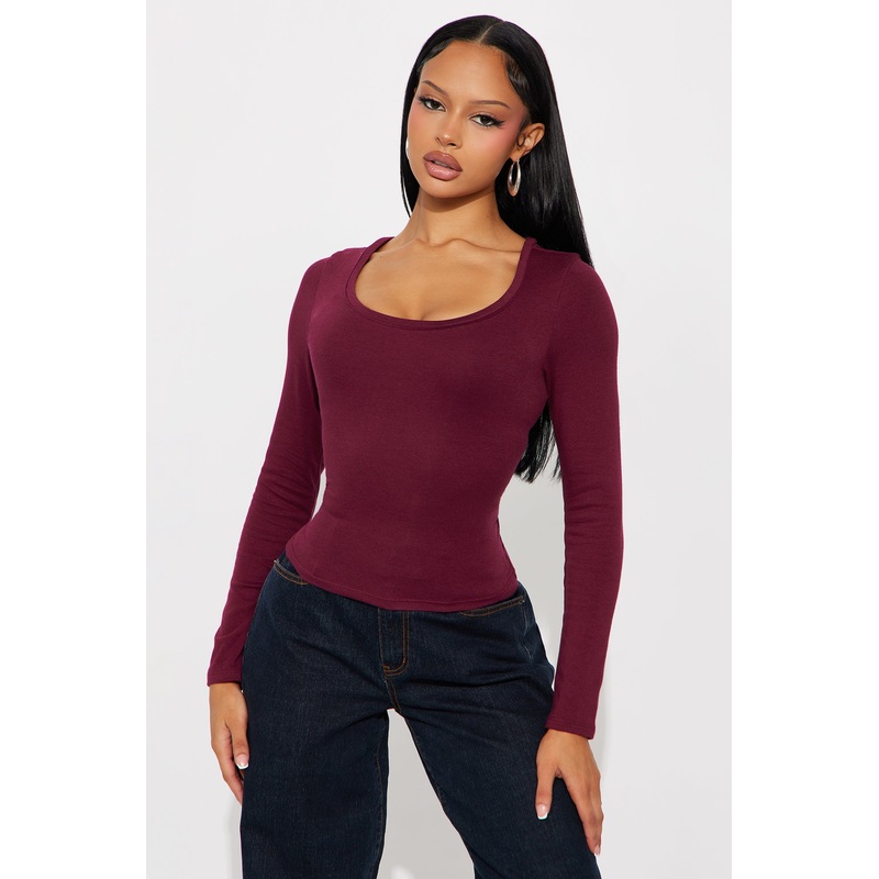 Karina Scoop Neck Long Sleeve Top – Burgundy