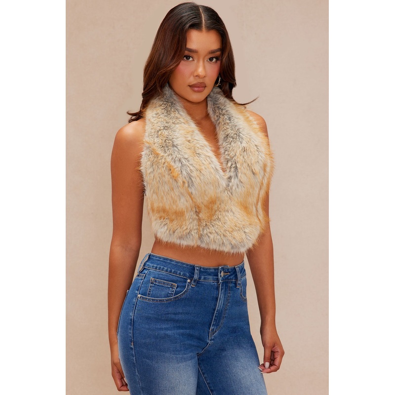 Raven Faux Fur Backless Top – Camel/combo