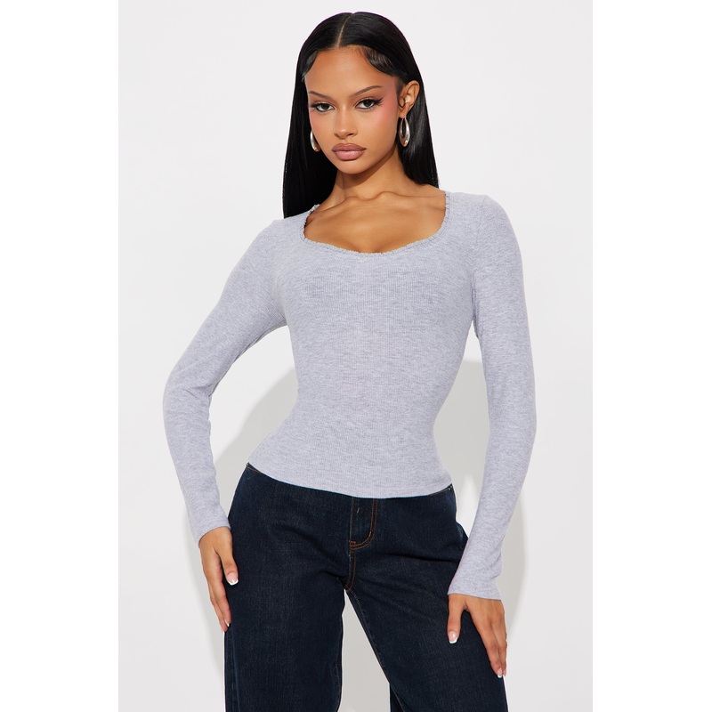 Soft Touch Scoop Neck Lace Trim Top – Heather Grey