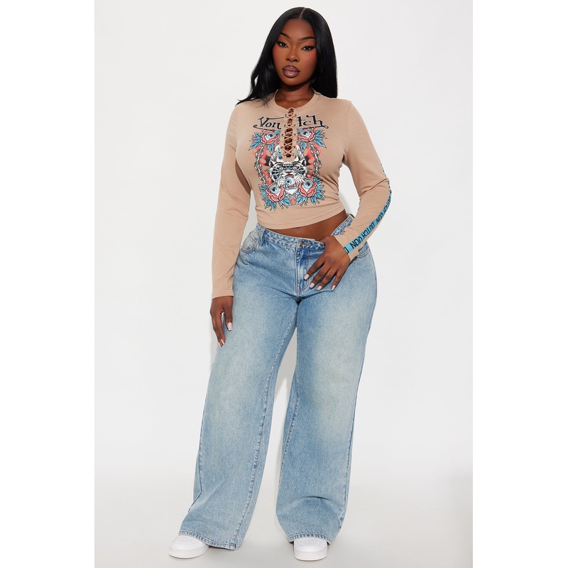 Von Dutch Floral Lace Up Top – Taupe