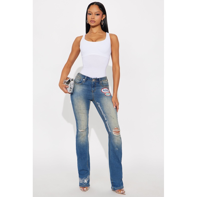 Von Dutch Ripped Low Rise Bootcut Jeans – Vintage Wash