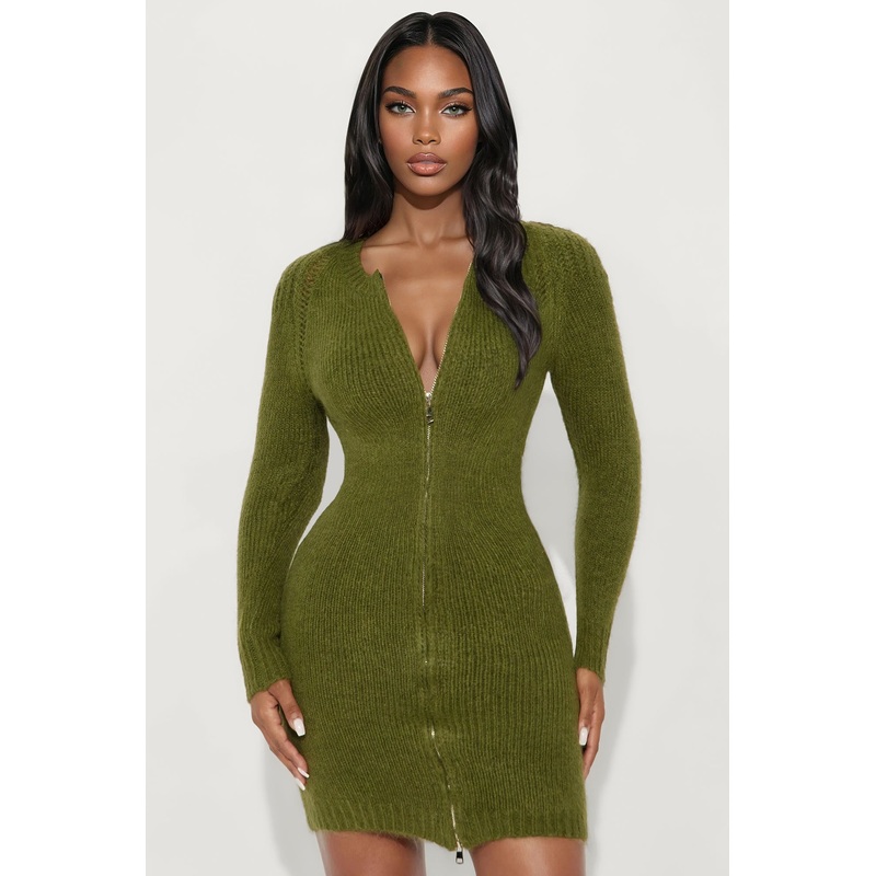 Zakia Zip Front Sweater Mini Dress – Olive