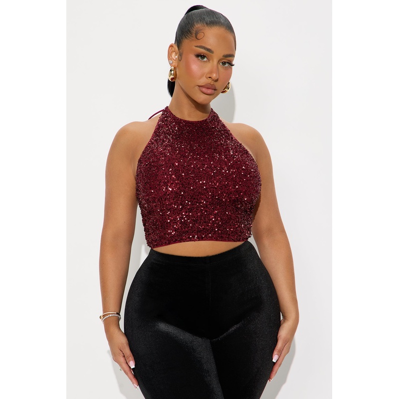 Heather Sequin Halter Top – Burgundy