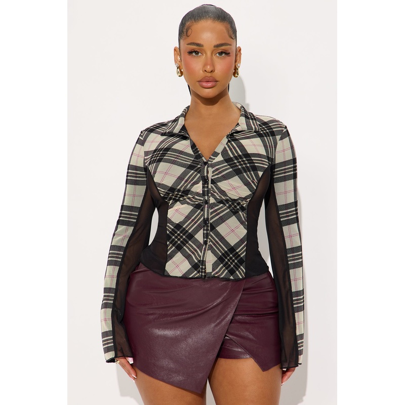 Willa Long Sleeve Button Up Mesh Top – Black/combo