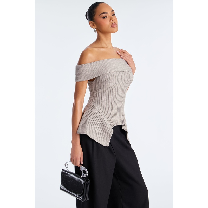 Always Snatched Ribbed Off Shoulder Sweater – Grey