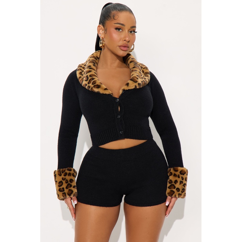 Ashton Faux Fur Trim Cardigan Short Set – Black