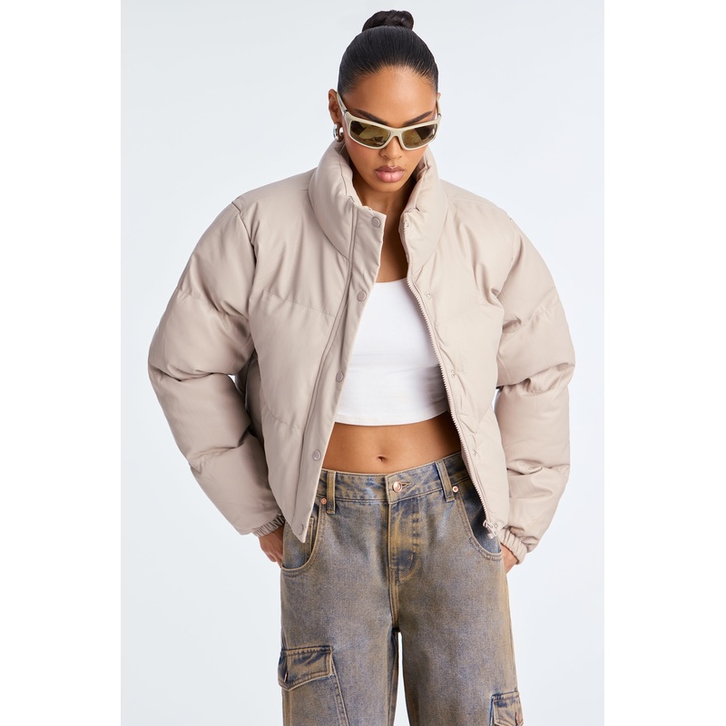 Big Dreams Faux Leather Puffer Jacket – Taupe