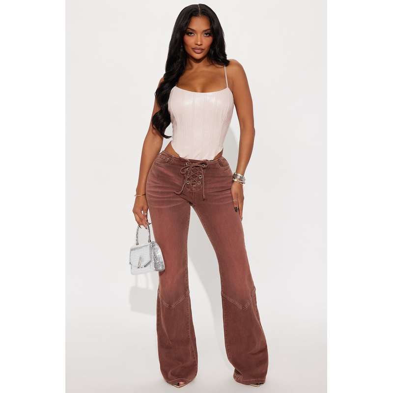 Born To Ride Lace Up Low Rise Flare Jeans – Brown
