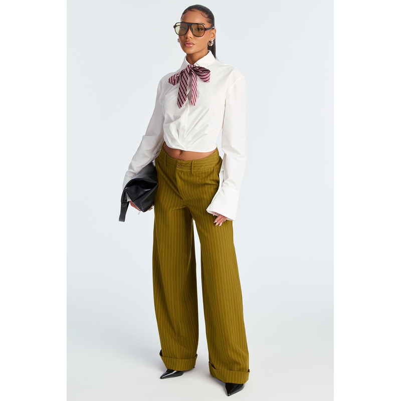 Bossed Up Cuffed Pinstripe Trouser Pant 32 – Olive