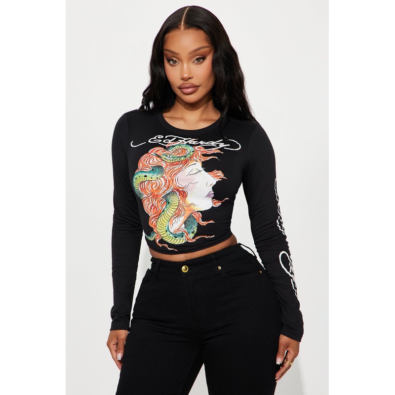 Ed Hardy Snake Girl Long Sleeve Baby Tee – Black