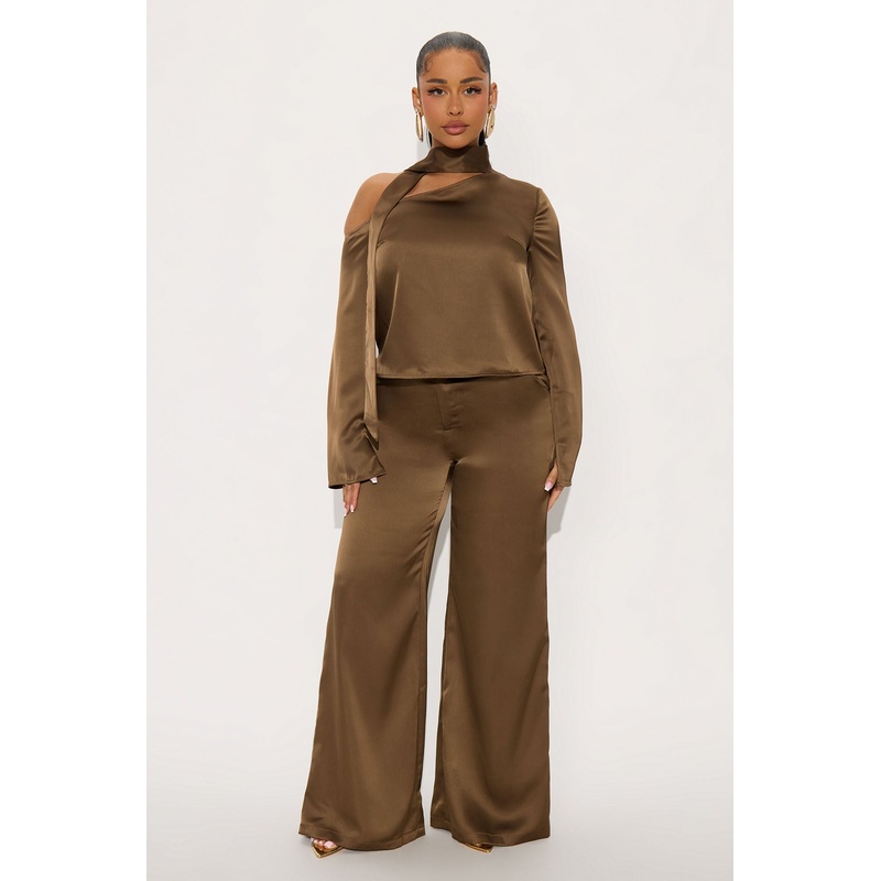 Tiana Off Shoulder Satin Scarf Pant Set – Mocha