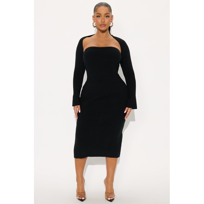 Twice As Cute Bolero Sweater Midi Dress Set – Black