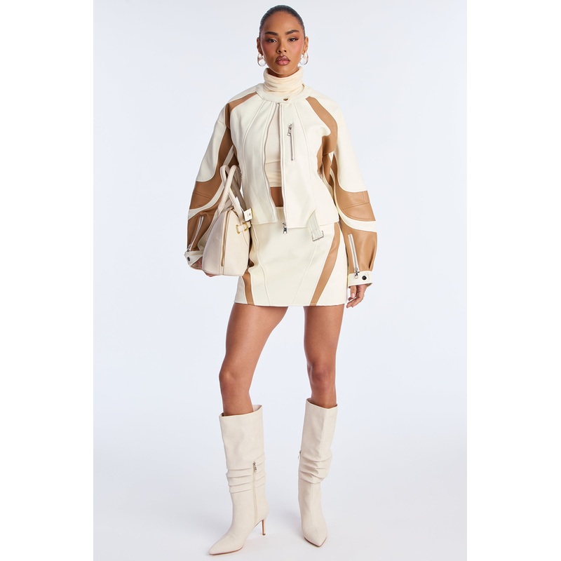 Alina Faux Leather Jacket Skirt Set – Cream