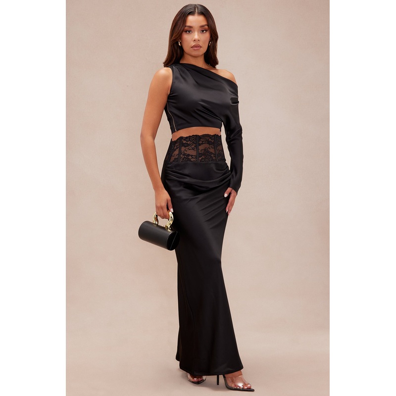 Bella Lace Satin Skirt Set – Black