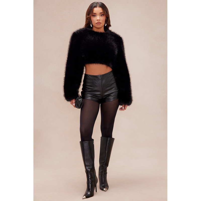 Brandi Long Sleeve Faux Fur Top – Black