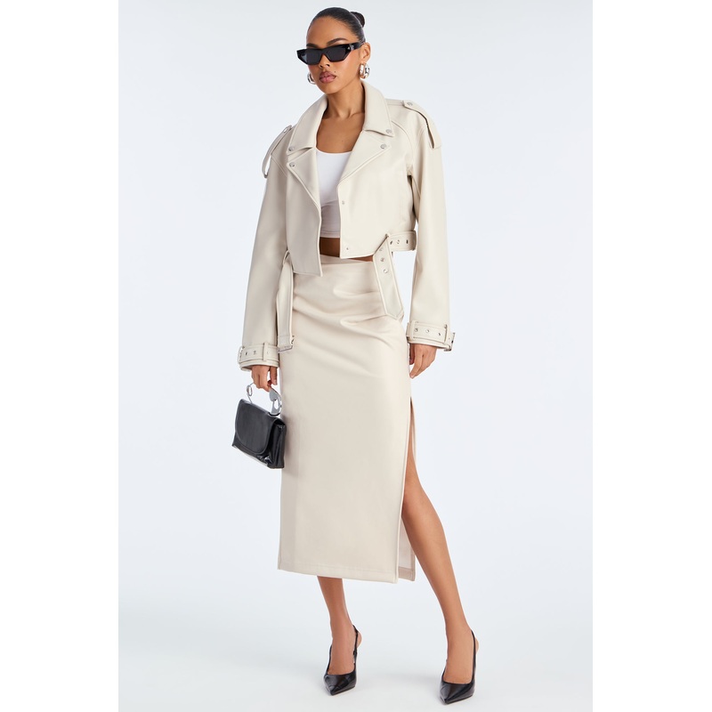 By The Corner Faux Leather Midi Skirt – Stone
