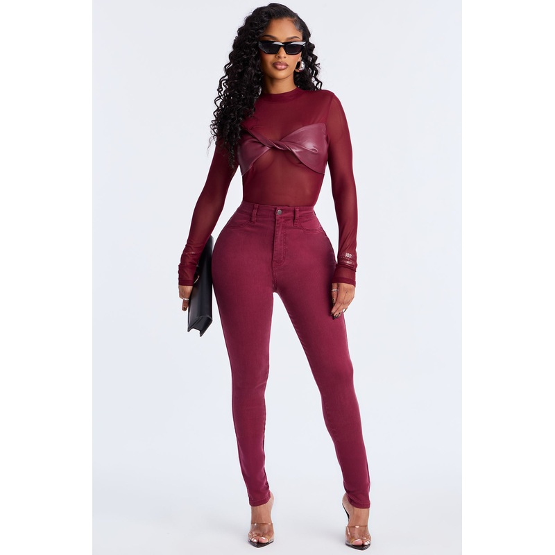 Classic High Waist Skinny Jeans – Burgundy