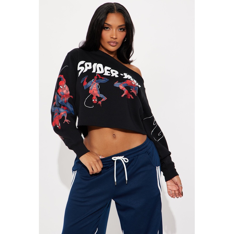 Spiderman Off Shoulder Fleece Sweatshirt – Black