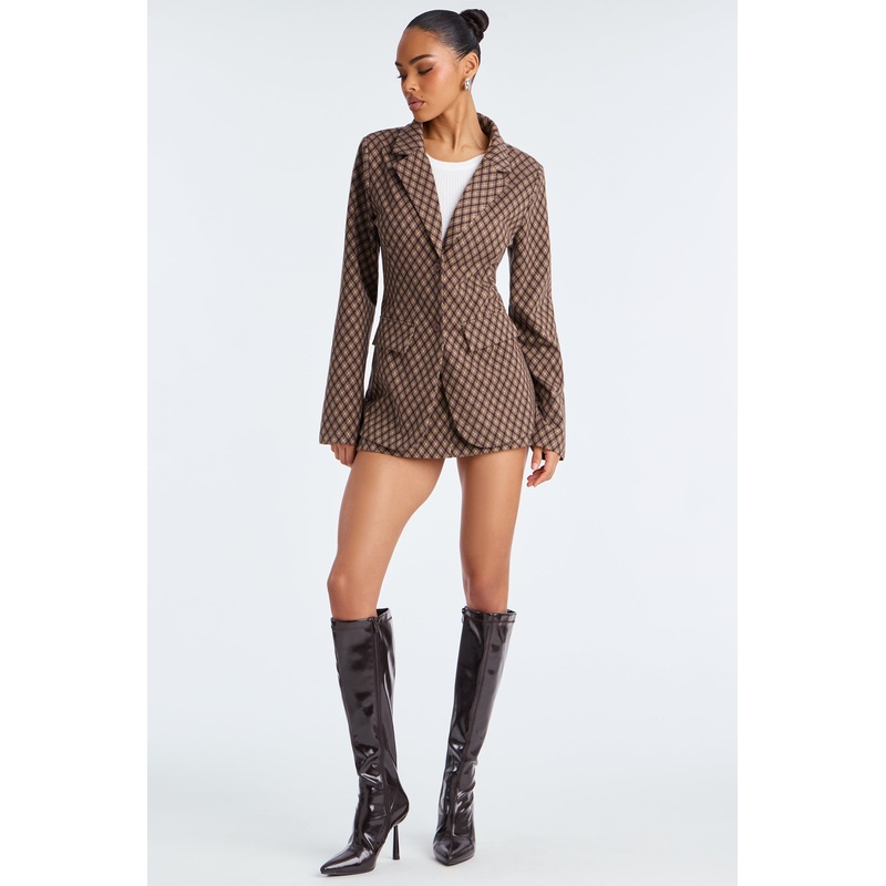 Vivian Plaid Blazer Skirt Set – Brown