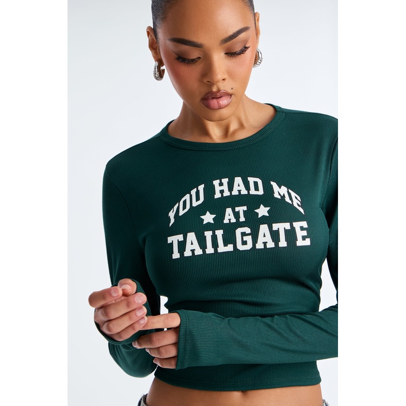 You Had Me at Tailgate Long Sleeve Baby Tee – Hunter Green
