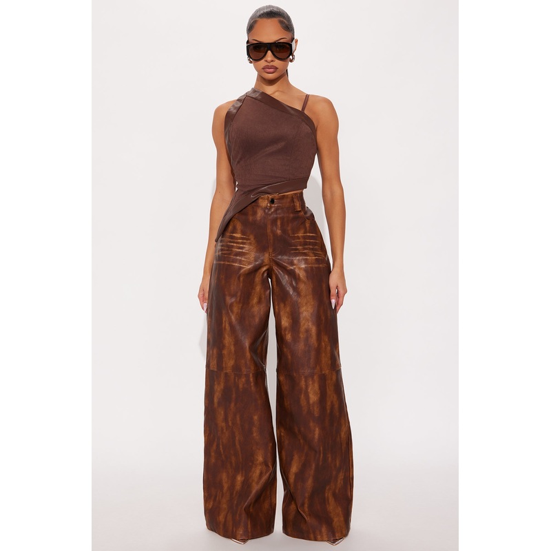 Adrienne Washed Faux Leather Wide Leg Pant 33 – Brown