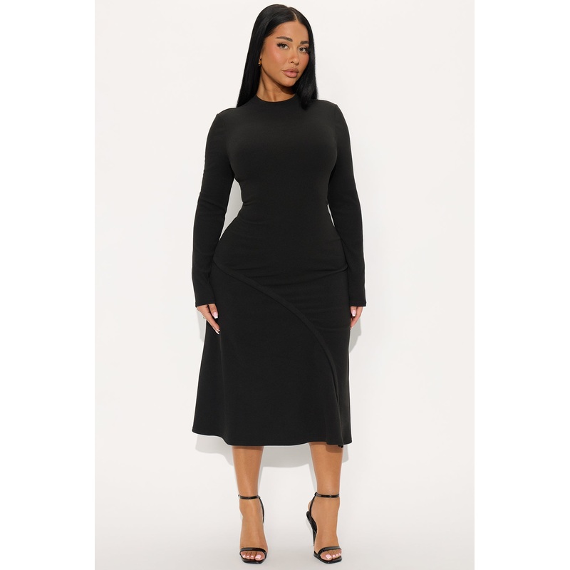 Anika Long Sleeve Ribbed Midi Dress – Black