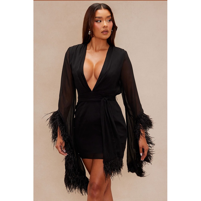Cannot Compare Feathered Chiffon Mini Dress – Black
