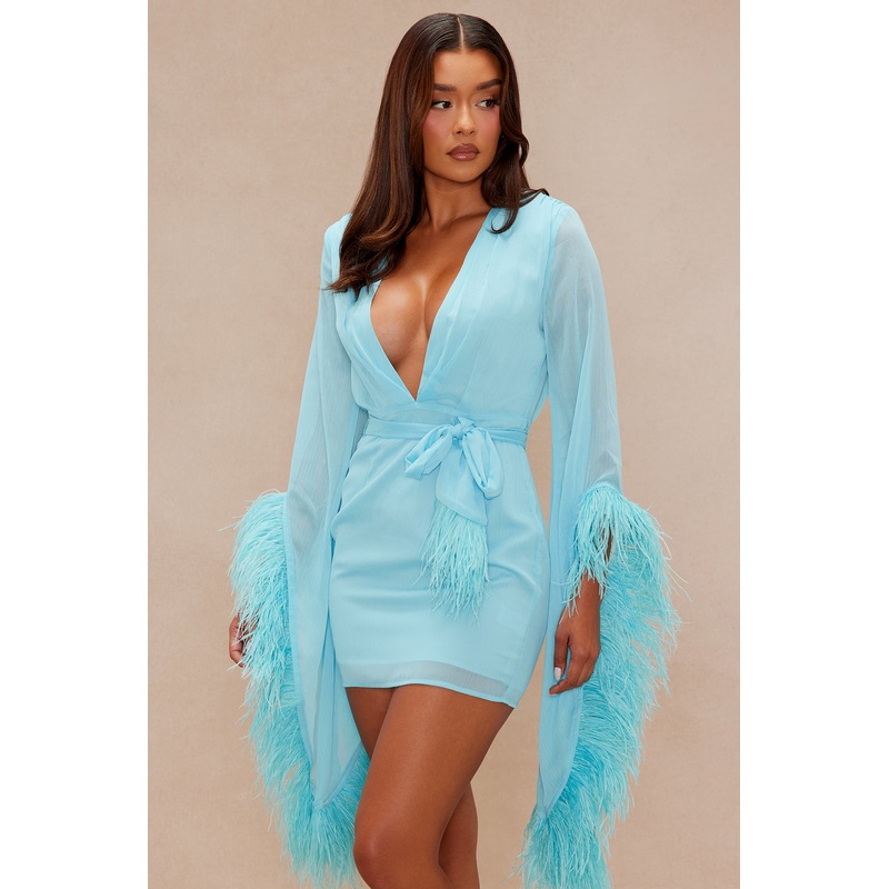 Cannot Compare Feathered Chiffon Mini Dress – Blue