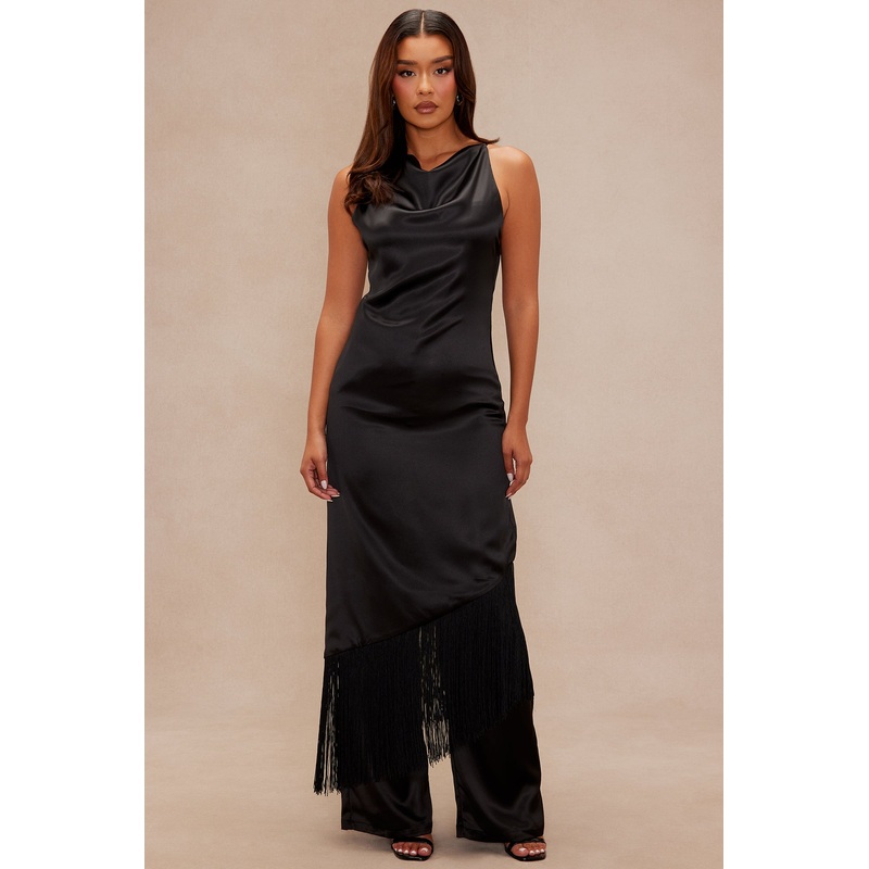 Ceile Fringe Satin Pant Set – Black